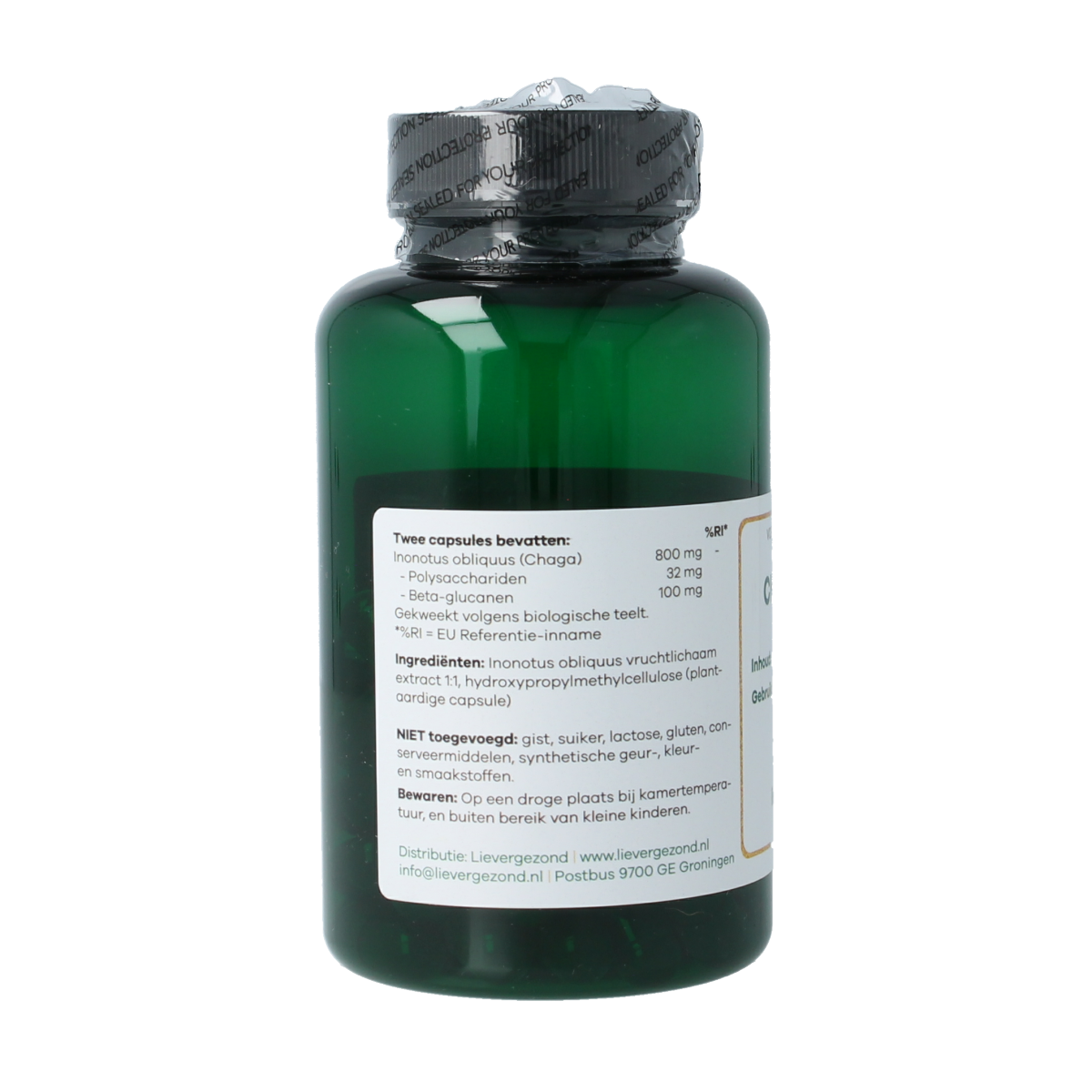 Liever Gezond vegan Chaga supplement capsules, 400mg, vegetarian, organic, in a blister pack, dietary health product.
