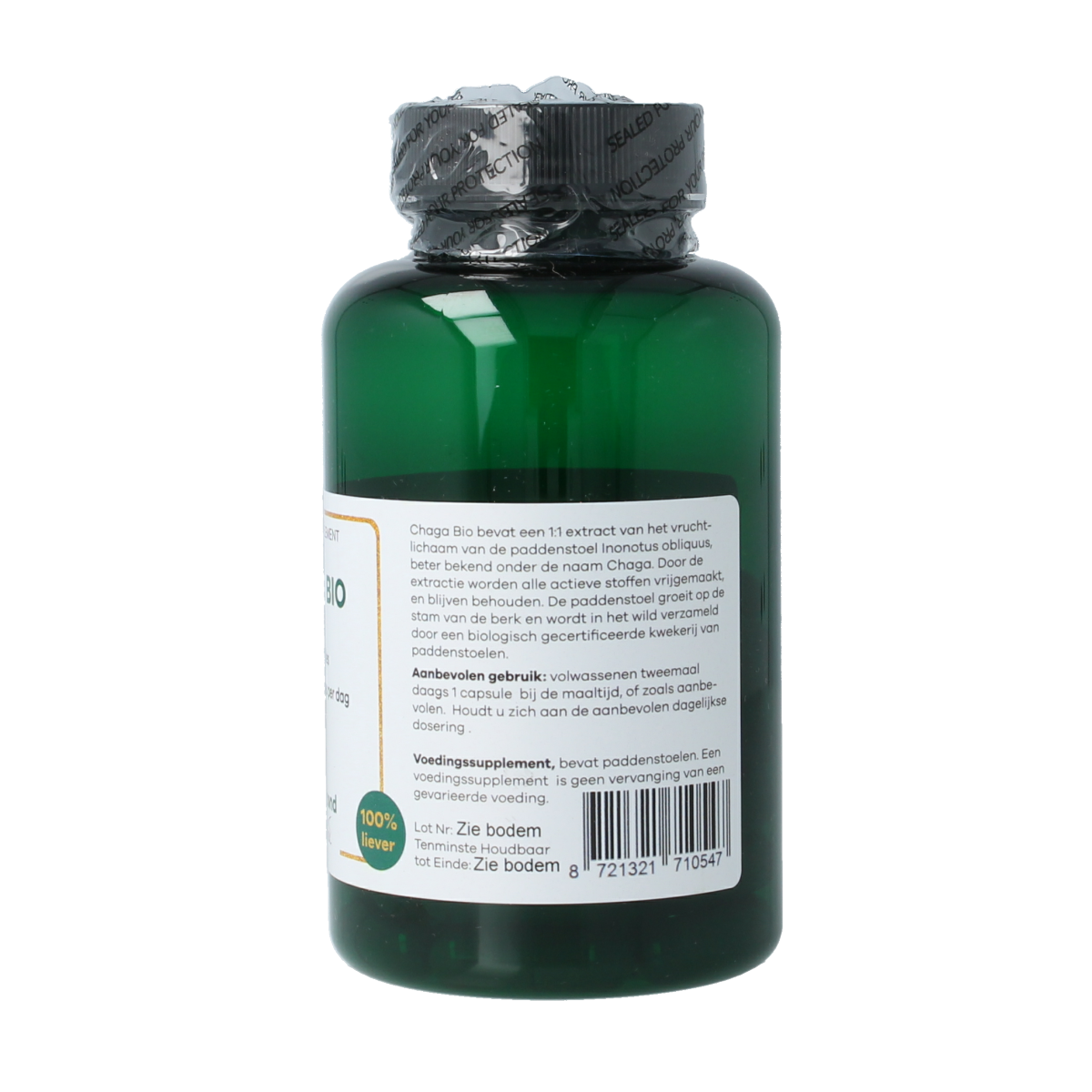 Liever Gezond vegan Chaga supplement capsules, 400mg, vegetarian, 60 capsules, dietary and herbal supplement.
