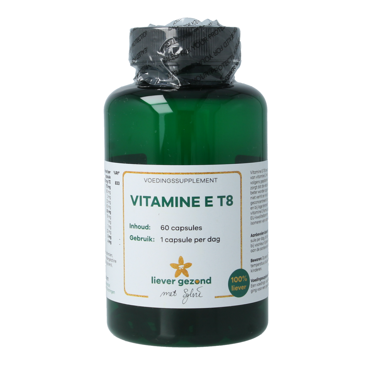 Liever Gezond Vitamine E T8 vegetarian capsules in a clear bottle with label showing product details
