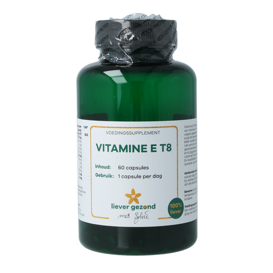 Liever Gezond Vitamine E T8 vegetarian capsules in a clear bottle with label showing product details