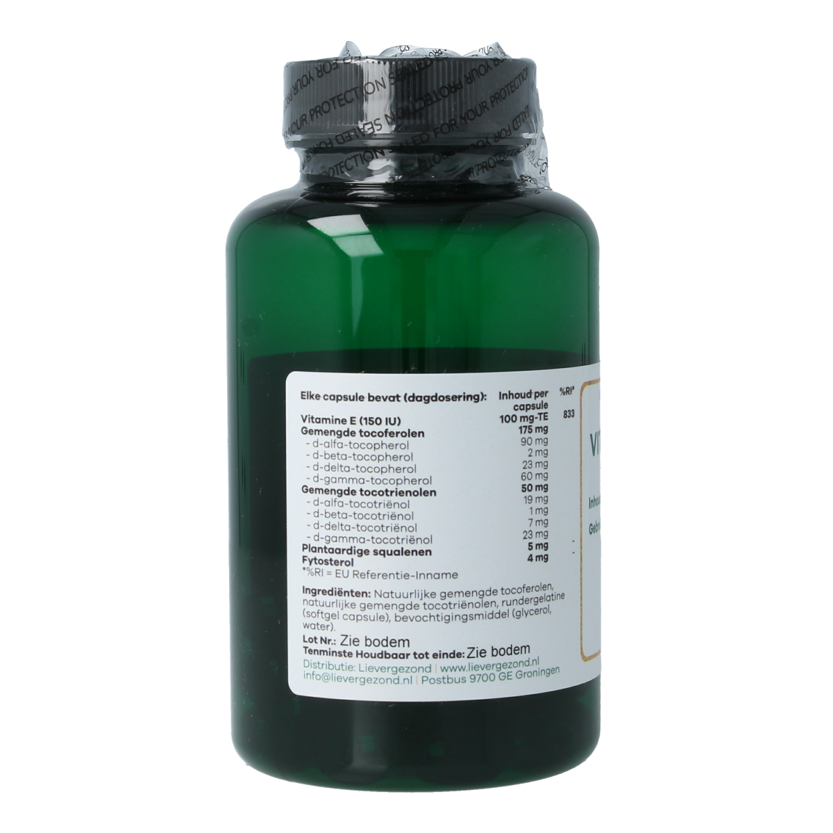 Liever Gezond Vitamine E T8 vegetarian capsules in a blister pack, dietary supplement for skin and immune health.
