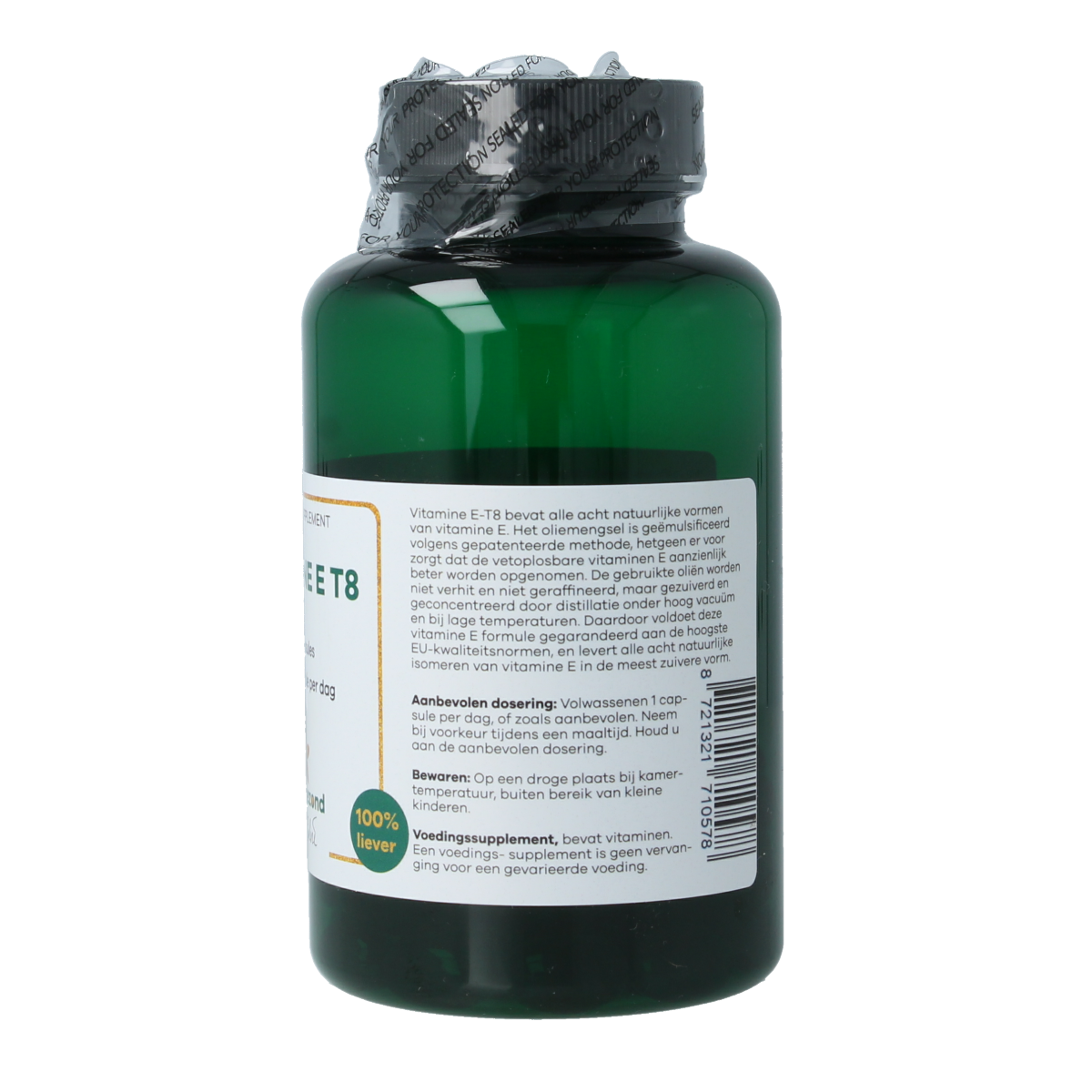 Liever Gezond Vitamine E T8 vegetarian capsules in a bottle, dietary supplement for immune support and skin health.