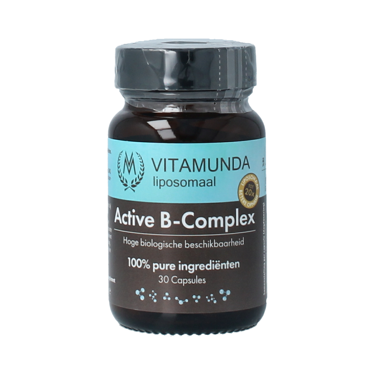 Vitamunda Liposomale Active B-Complex capsules in a bottle, dietary supplement for energy and metabolism support.