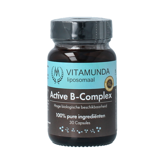 Vitamunda Liposomale Active B-Complex capsules in a bottle, dietary supplement for energy and metabolism support.