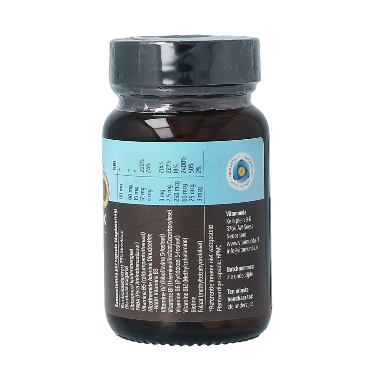 Vitamunda Liposomale Active-B Complex capsules in a bottle, dietary supplement for energy and vitamin B support.