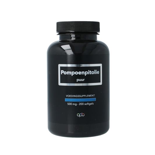 APB Holland pure pumpkin seed oil softgels, 500mg, in a bottle, showing the softgel capsules.