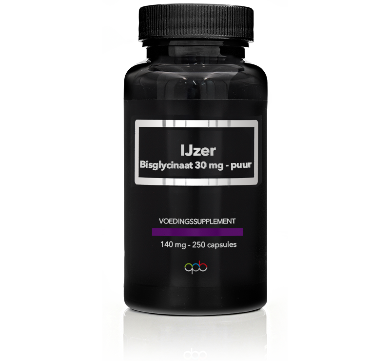 APB Holland IJzer bisglycinaat 140mg mineral capsules, showing a bottle of 250 iron supplements with a label and capsules inside.