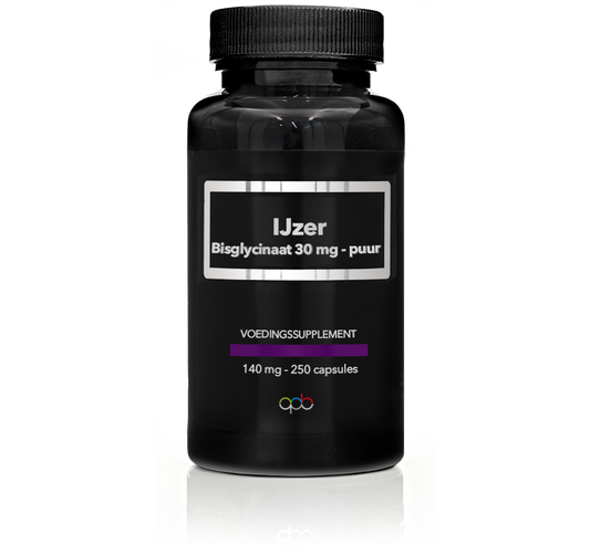 APB Holland IJzer bisglycinaat 140mg mineral capsules, showing a bottle of 250 iron supplements with a label and capsules inside.
