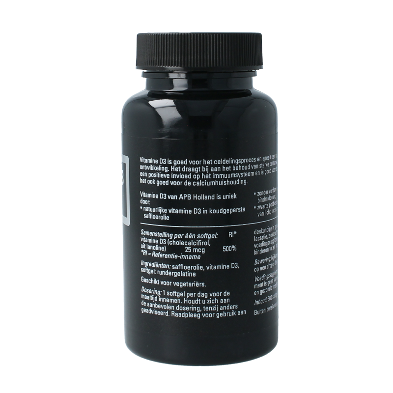 APB Holland Vitamine D3 1000IU softgels in a bottle, showing the supplement capsules and label.