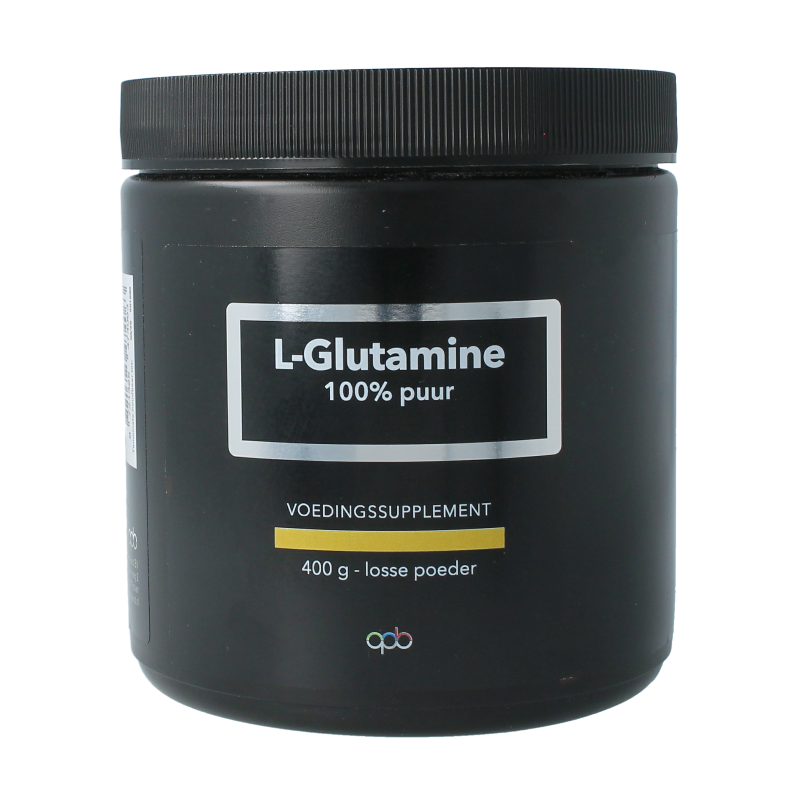 APB Holland L-Glutamine amino acids powder in a 400g container, pure supplement for muscle recovery and fitness.