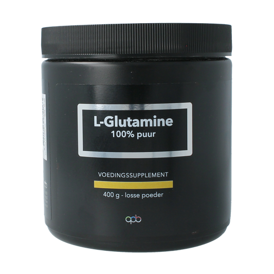 APB Holland L-Glutamine amino acids powder in a 400g container, pure supplement for muscle recovery and fitness.