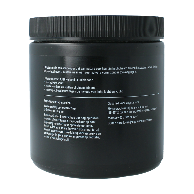 APB Holland L-Glutamine amino acids supplement in a 400g container, featuring a white and green label with product details.