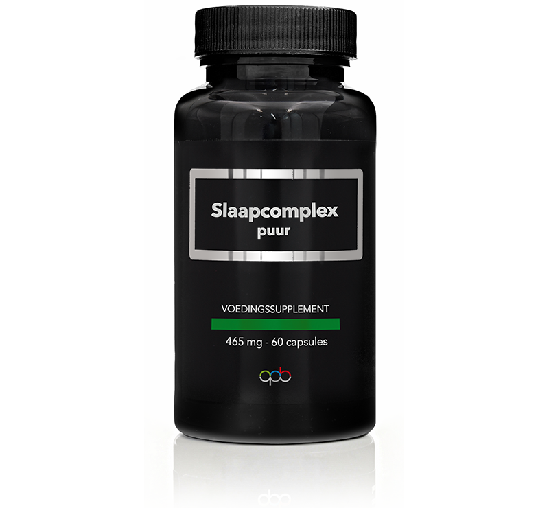 APB Holland Slaapcomplex puur 465mg capsules, herbal supplement for relaxation, shown in a bottle with 60 capsules.
