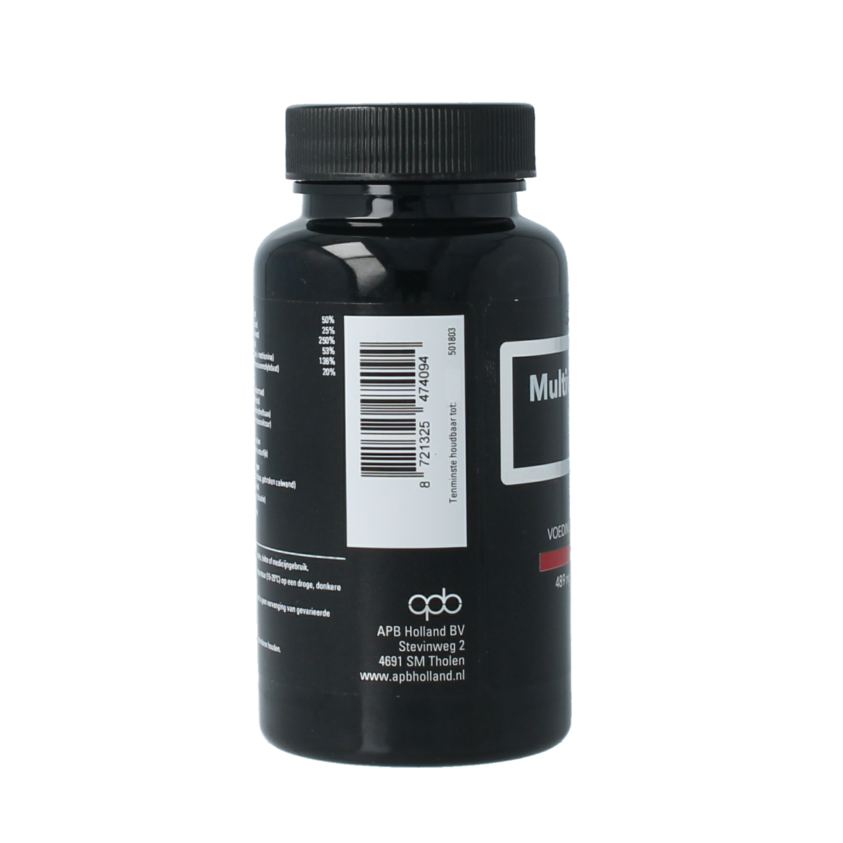 APB Holland Multi vitamine puur 489mg capsules, natural multivitamine supplement in a clear bottle with 60 capsules.