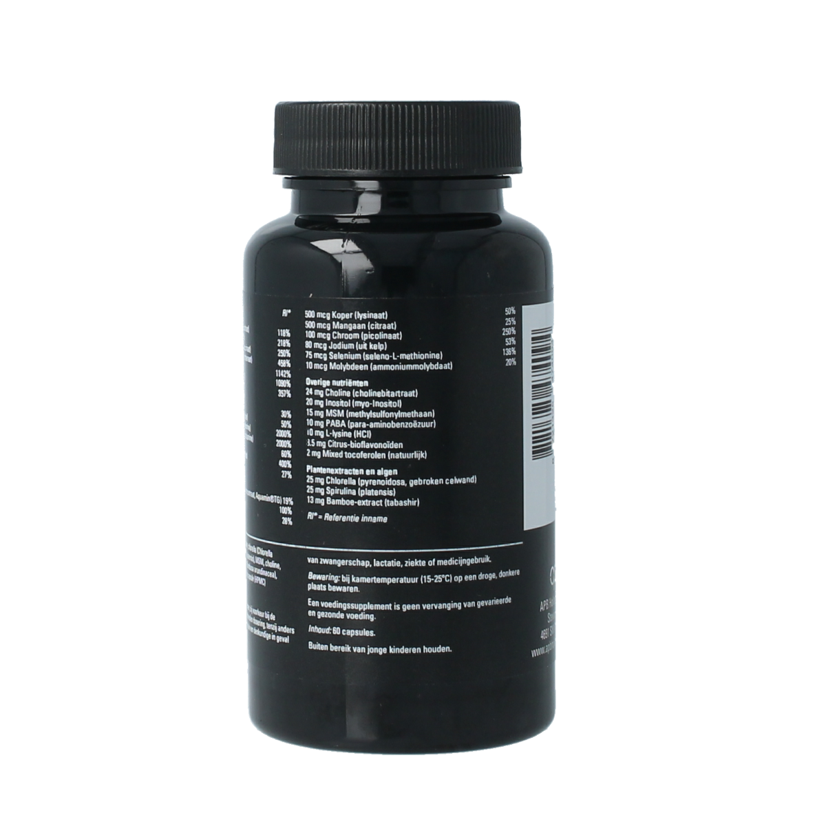 APB Holland Multi vitamine puur 489mg capsules, close-up view of 60 capsules in a bottle, supplement for daily vitamin intake