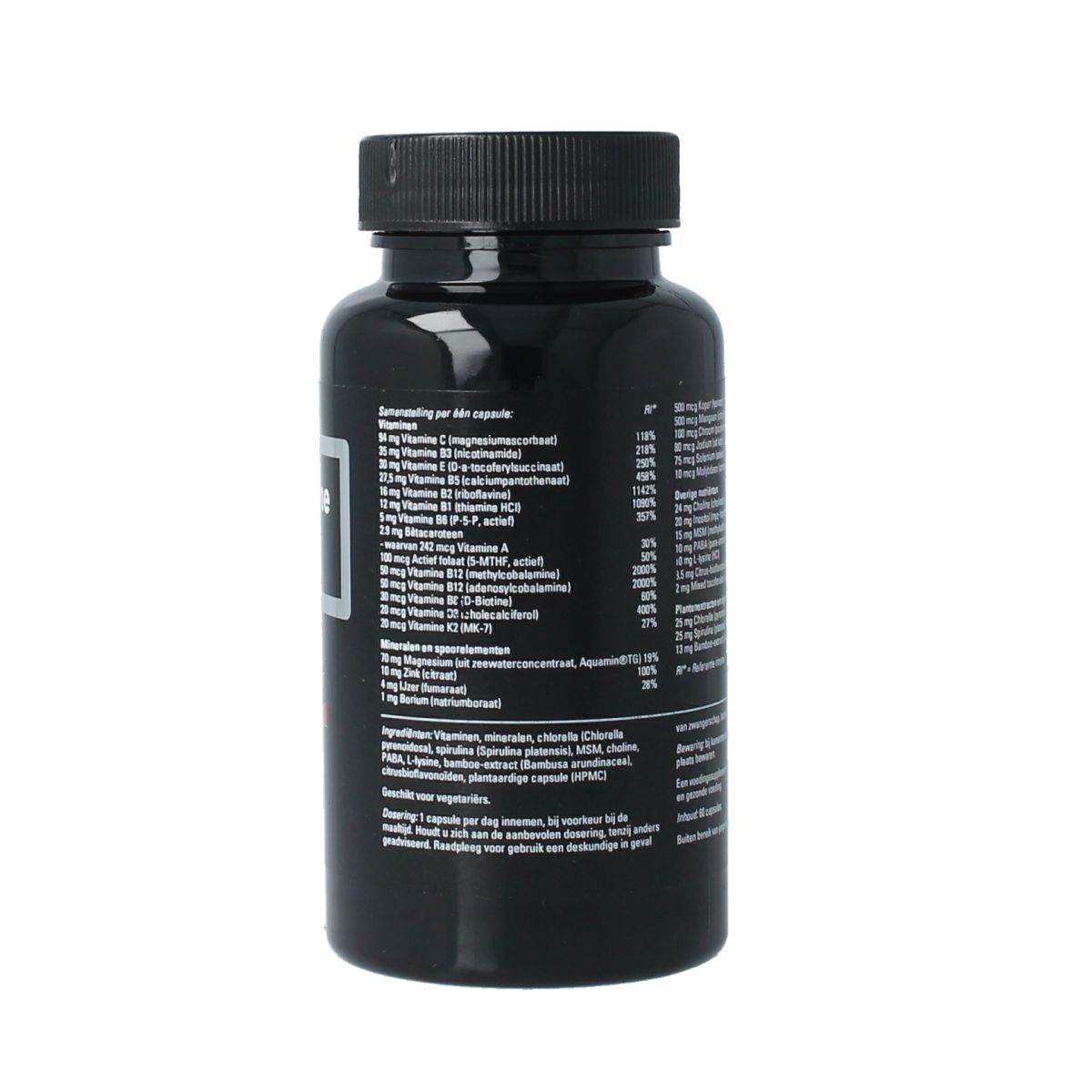 APB Holland Multi Vitamine puur 489mg capsules in a bottle, showing the supplement's packaging and label.