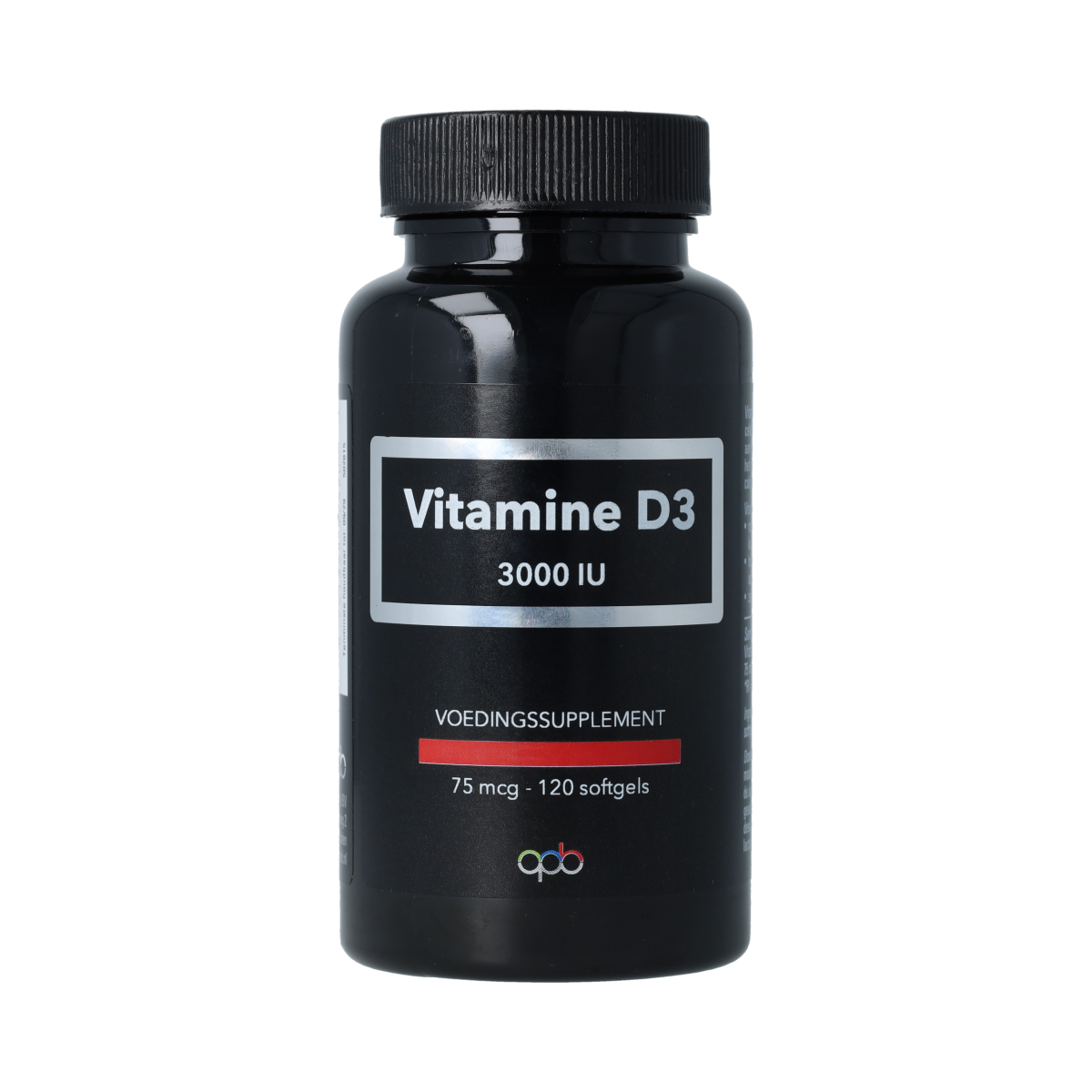 APB Holland Vitamin D3 softgels, 3000IU (75 mcg), bottle of 120 softgels, close-up of the supplement capsules in a bottle.
