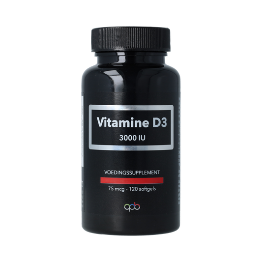 APB Holland Vitamin D3 softgels, 3000IU (75 mcg), bottle of 120 softgels, close-up of the supplement capsules in a bottle.