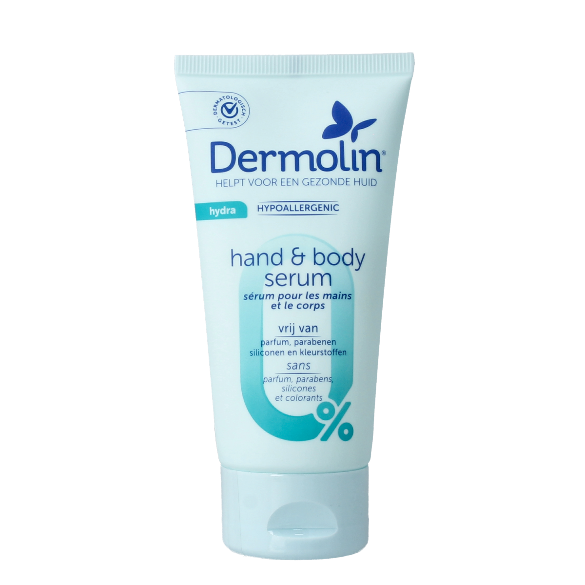 Dermolin Hand & Body Serum 75ml, moisturizing body care product with nourishing formula, shown in a sleek white bottle.