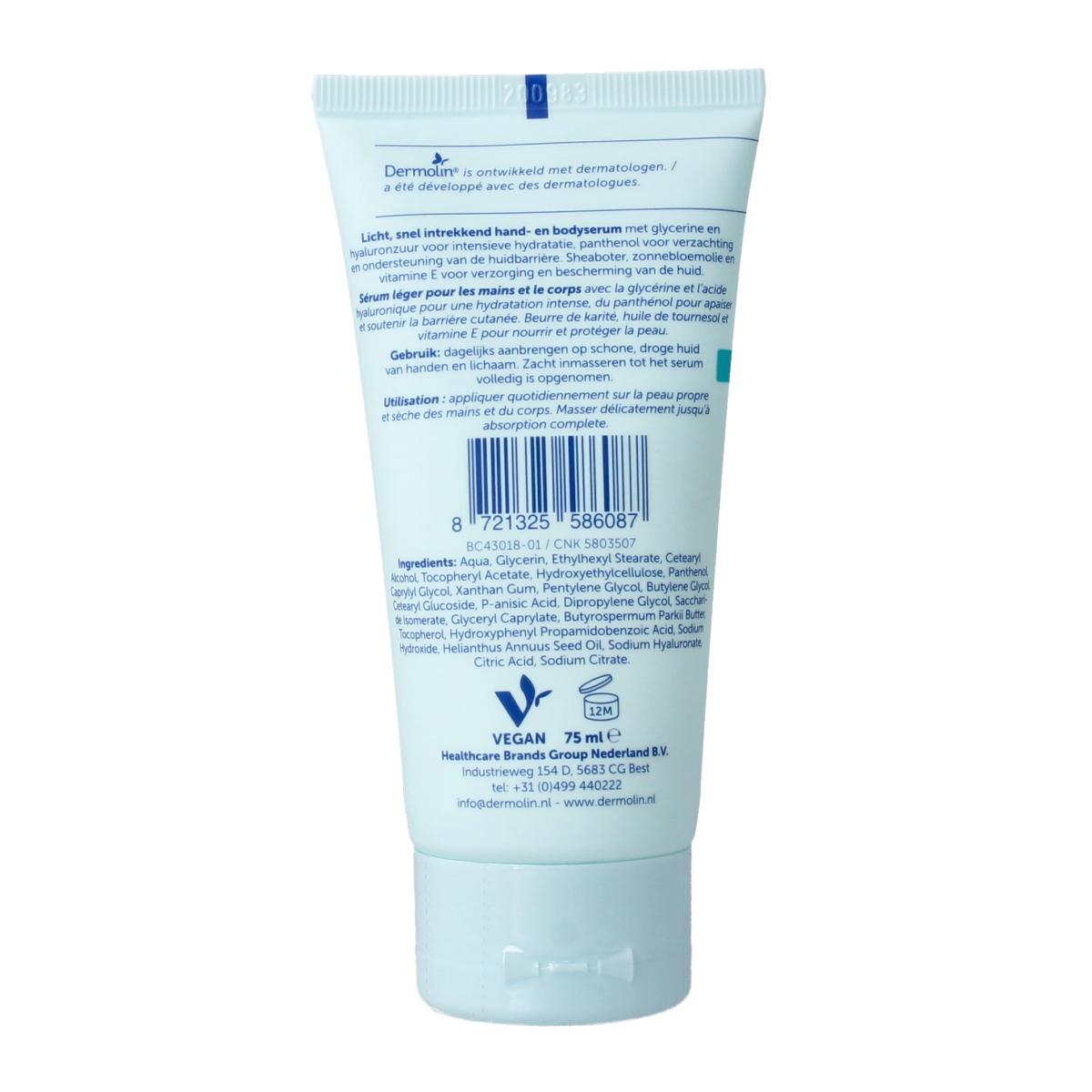 Dermolin Hand & Body Serum in 75ml bottle, nourishing body care product with smooth, hydrating formula, displayed on a neutral background.