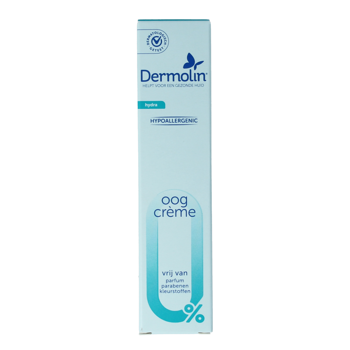 Dermolin hydrating eye cream tube, 15ml, facial skincare product with soothing, moisturizing properties.