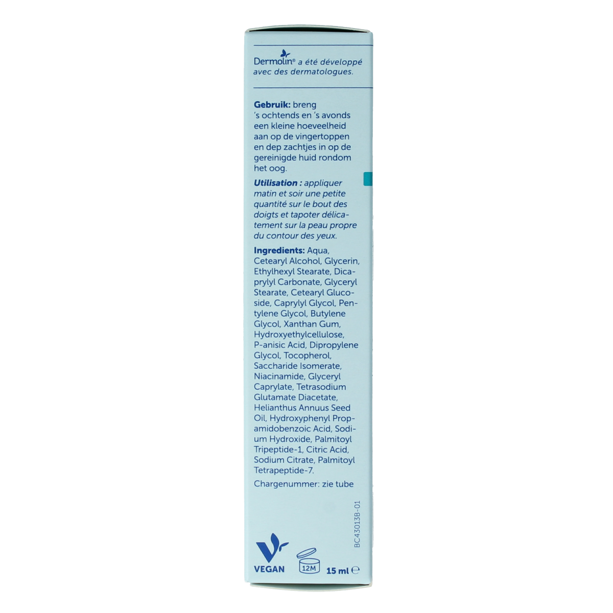 Dermolin hydrating eye cream tube, 15ml, facial skincare product with soothing formula for sensitive skin.