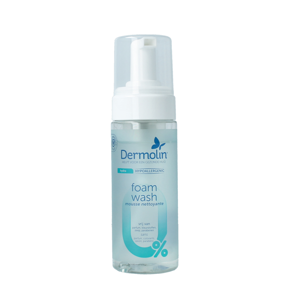 Dermolin Foamwash hydraterend foamer 150ml, gentle facial cleansing foam with moisturizing properties, in a white bottle with pump.