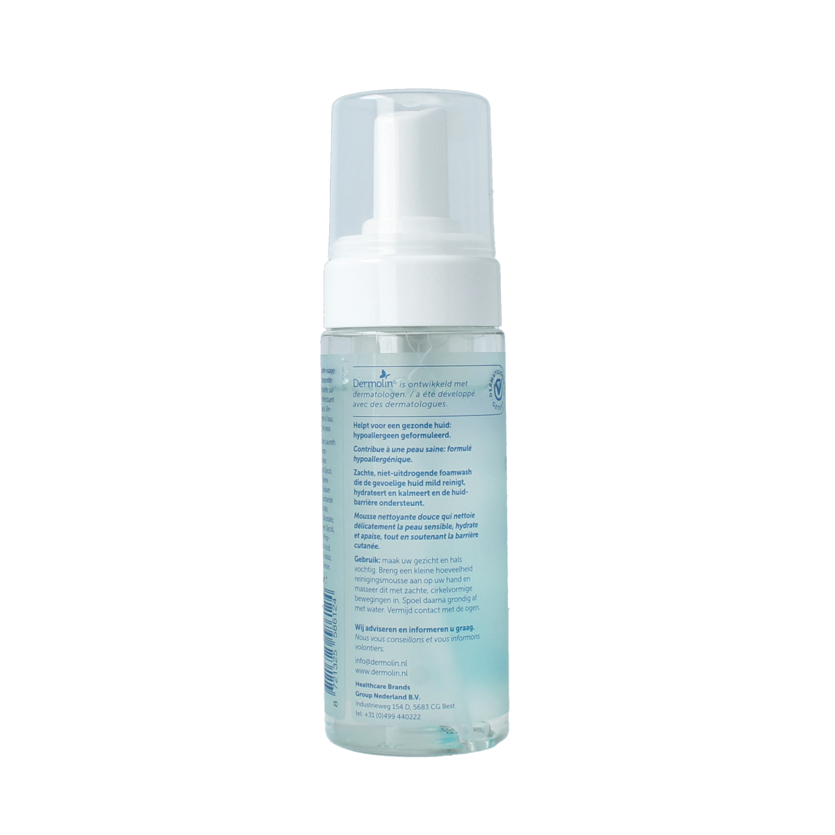 Dermolin Foamwash hydraterend foamer for facial skincare, 150ml, with a close-up of the foaming cleanser in a pump bottle.