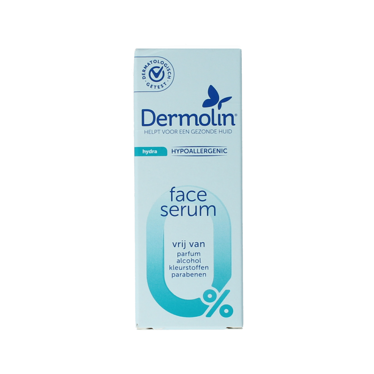Dermolin Hydra Serum with pipette, 30ml, hydrating facial skincare product in a clear bottle with a dropper applicator.