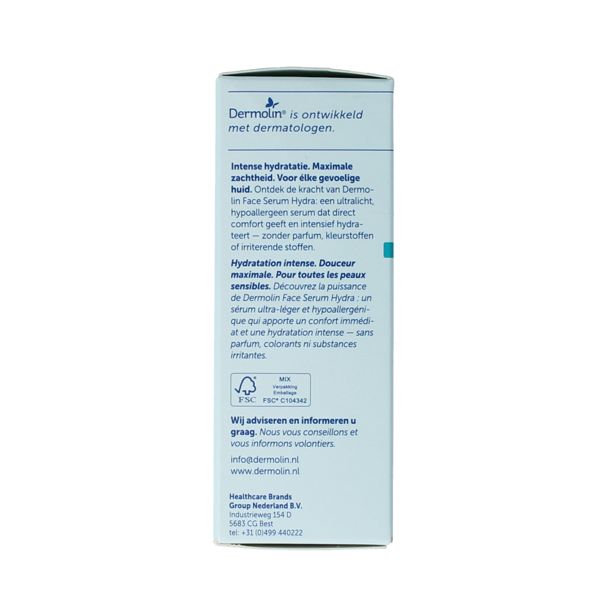 Dermolin Hydra Met Serum in 30ml pipette bottle, facial skincare product with clear liquid and dropper for hydrating skin.