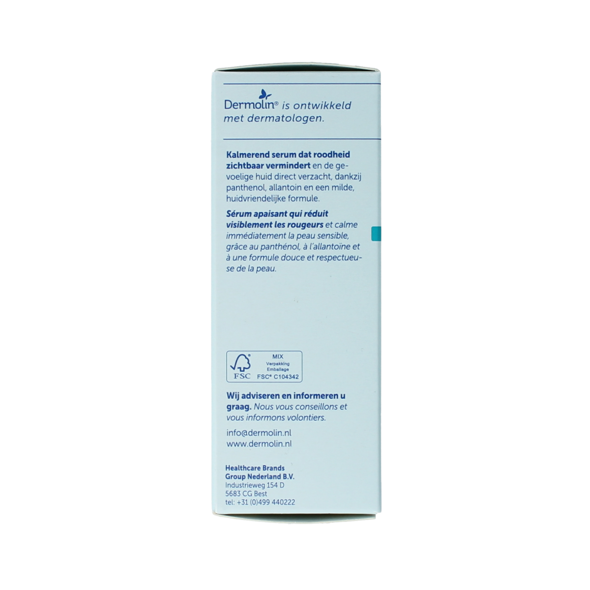 Dermolin Serum roodheid gezichtsverzorging with pipet, 30ml, focusing on soothing skin and reducing redness.
