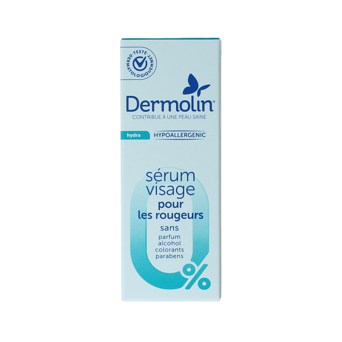 Dermolin Serum roodheid with pipet for facial redness, 30ml, in a clear glass bottle with pipette for skincare.