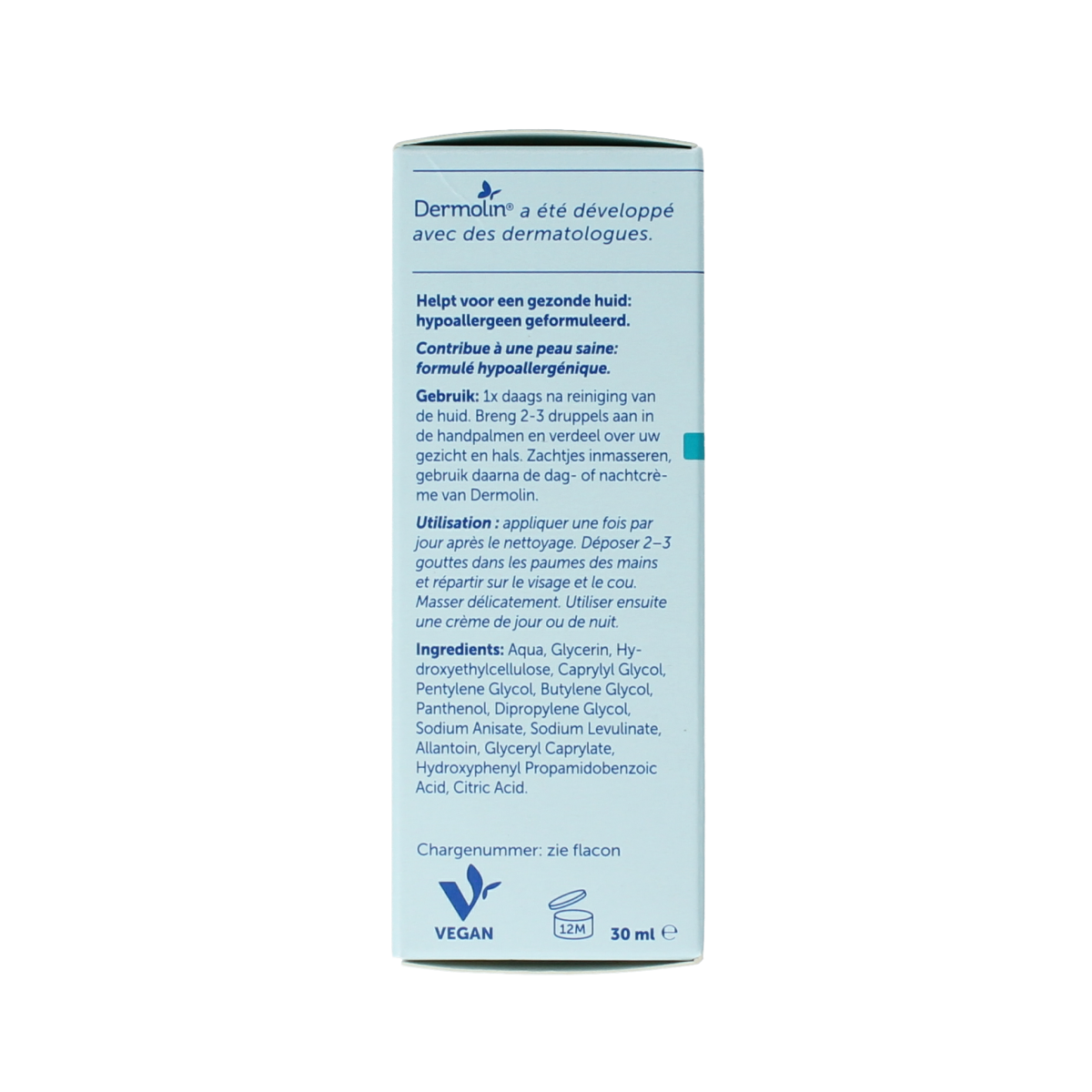 Dermolin Serum roodheid met pipet voor gezichtsverzorging, 30 ml, toont de flacon met pipet en roodheidverlichtende formule