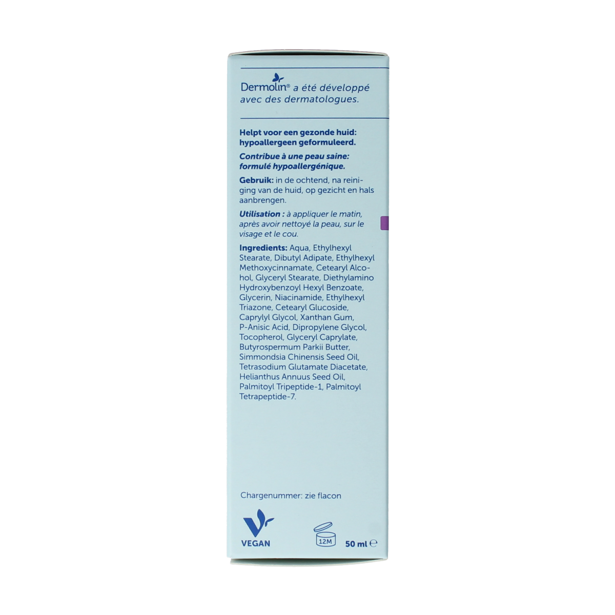 Dermolin anti-aging face cream in a 50ml flacon, facial skincare product with a sleek bottle for youthful skin.