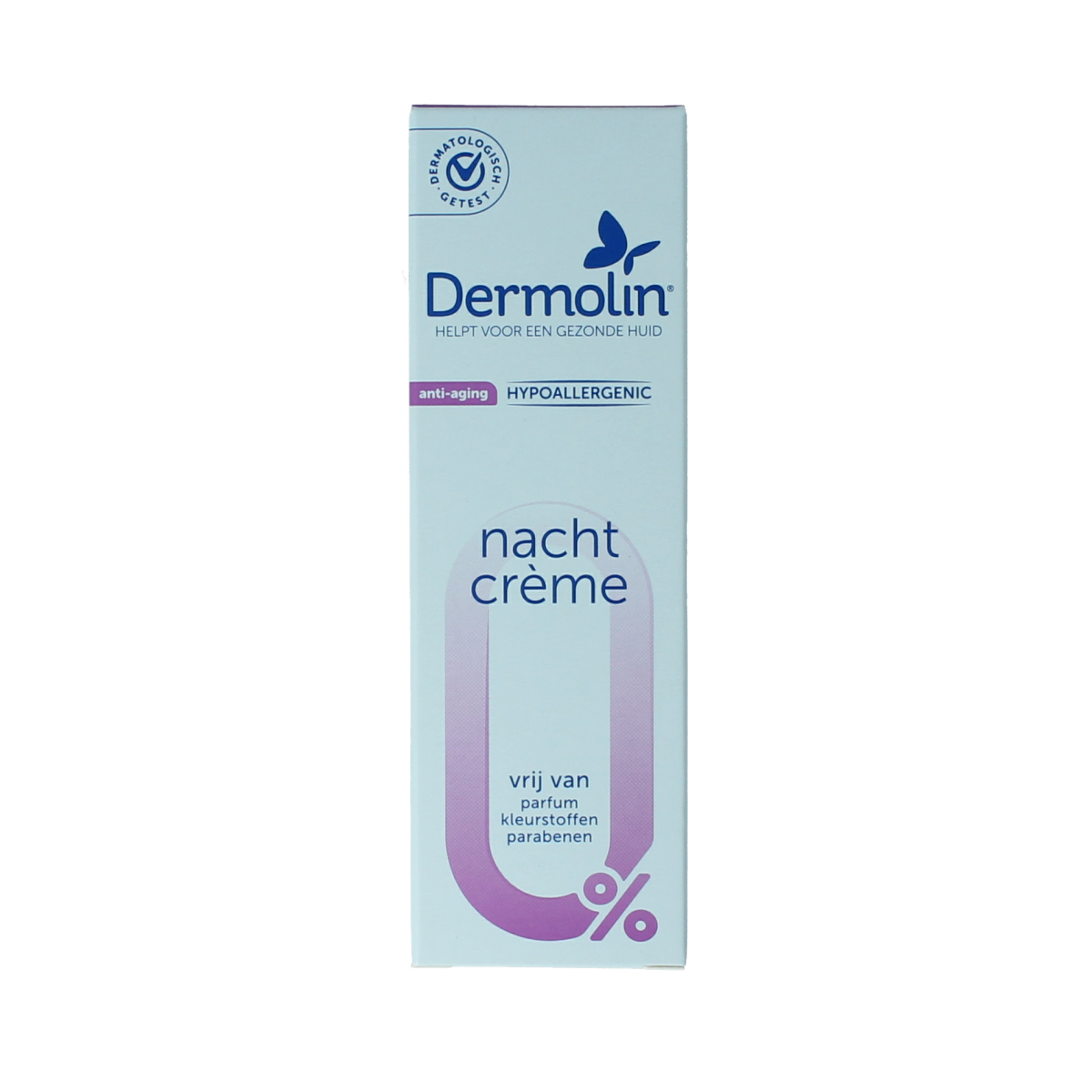 Dermolin anti-aging night cream in a 50ml bottle, facial skincare product with a white pump dispenser and sleek packaging.