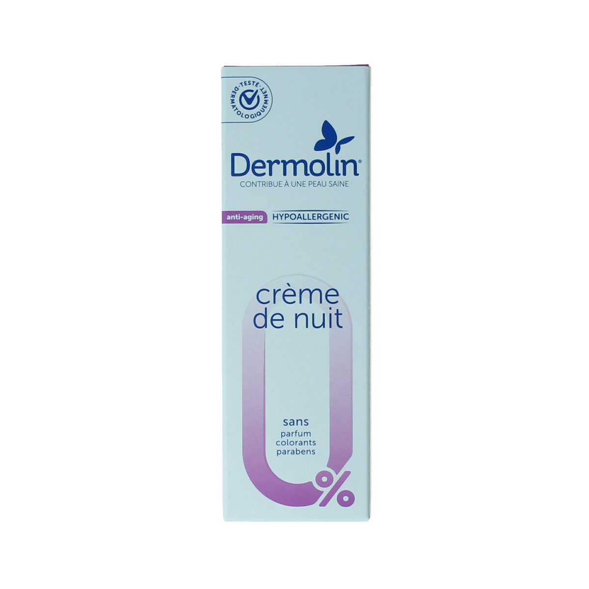 Dermolin Nachtcreme anti-aging facial cream in 50ml bottle, creamy texture, suitable for nighttime skincare routine.