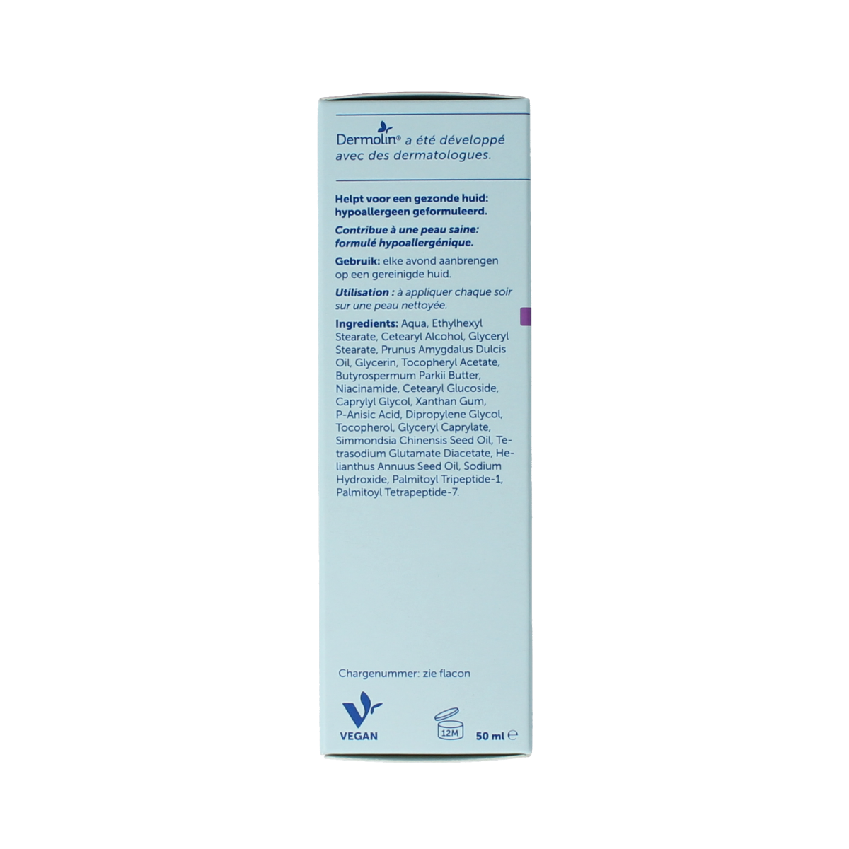 Dermolin anti-aging night cream in a 50ml bottle, facial skincare product with a sleek packaging design