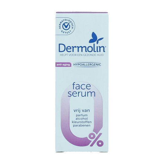 Dermolin anti-aging serum with pipette for facial skincare, 30ml bottle, designed to reduce signs of aging and improve skin vitality