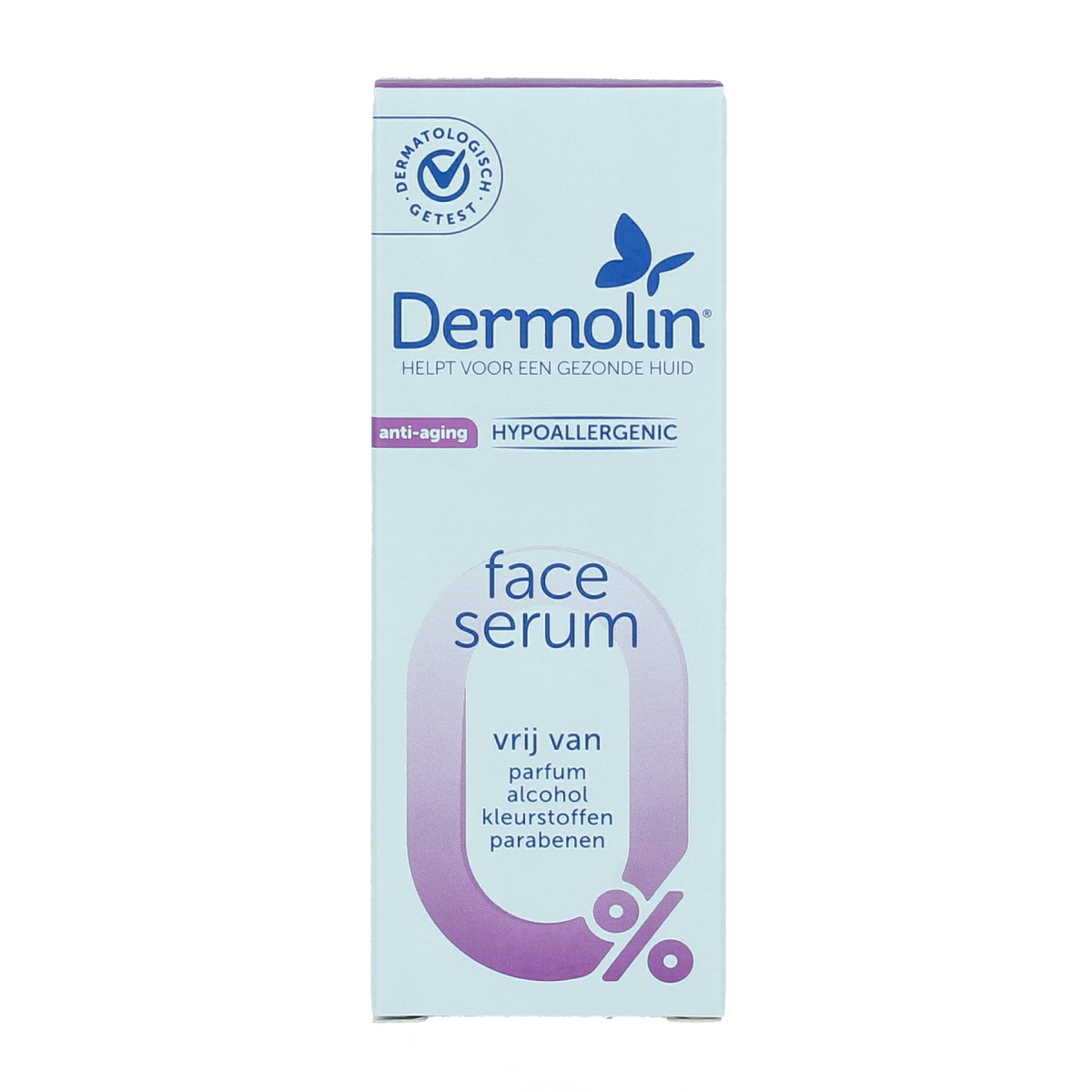 Dermolin anti-aging serum with pipette, 30ml, facial skincare product showing the bottle and applicator.