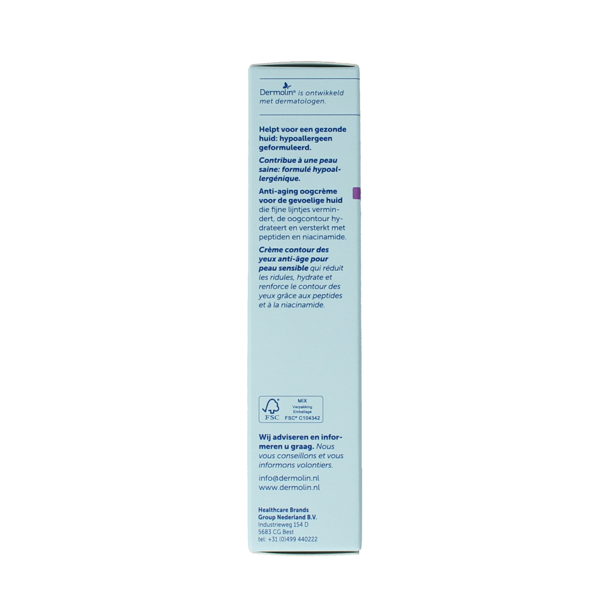 Dermolin anti-aging eye cream in 15ml jar, featuring smooth texture and gentle eye care for youthful skin.