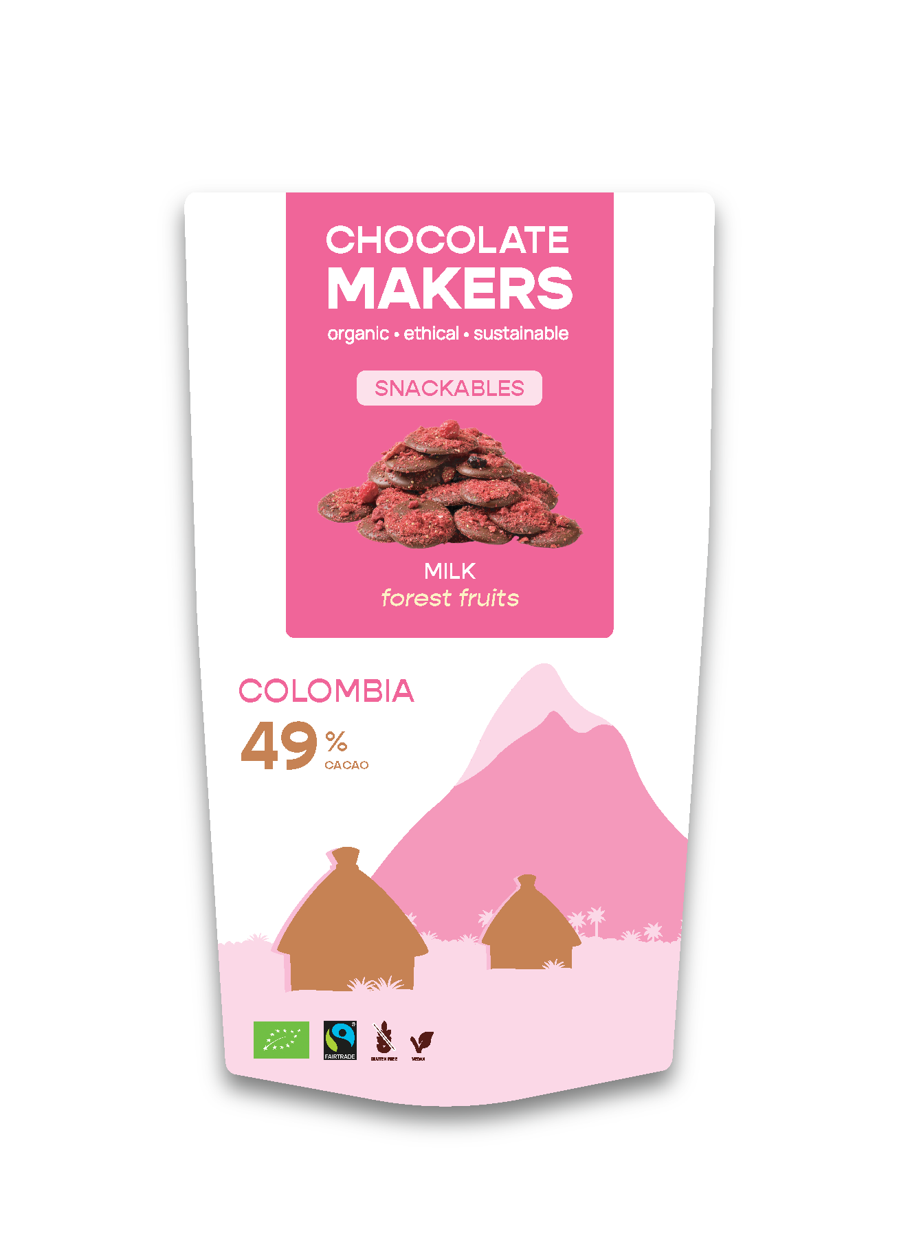 Chocolatemakers snackable melk chocolade met 49% cacao en bosvruchten, bio, 100 gram, close-up of chocolate bar with fruit pieces