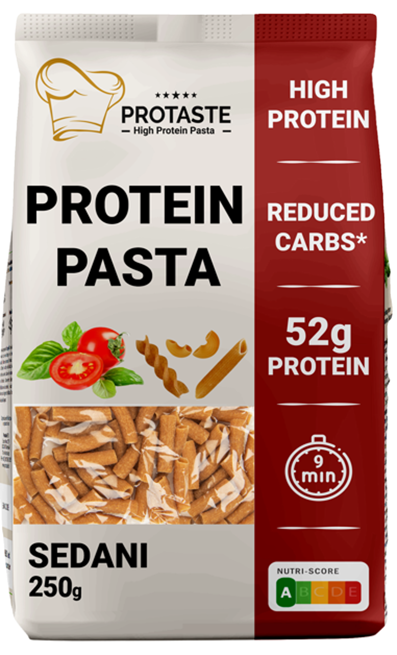 Protaste protein pasta sedani made from rice, 250g, with short, curved pasta shapes visible in the image.