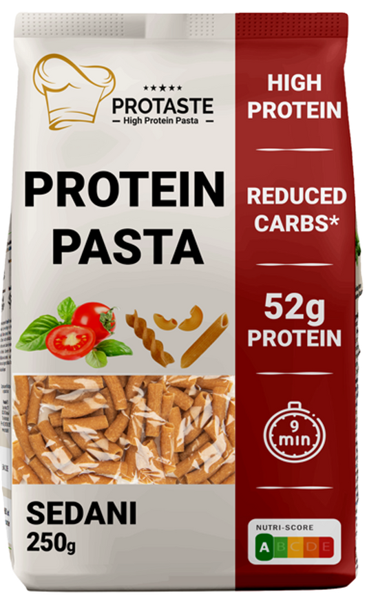 Protaste protein pasta sedani made from rice, 250g, with short, curved pasta shapes visible in the image.