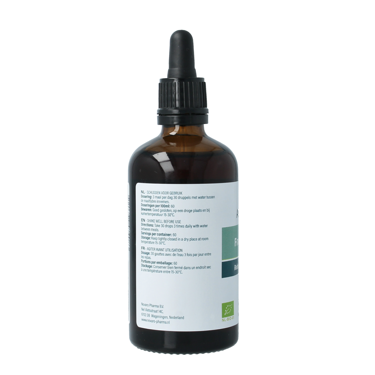 Aromedica Framboos gemmo tinctuur in 100ml bottle, herbal remedy made from organic Rubus idaeus for natural health support.