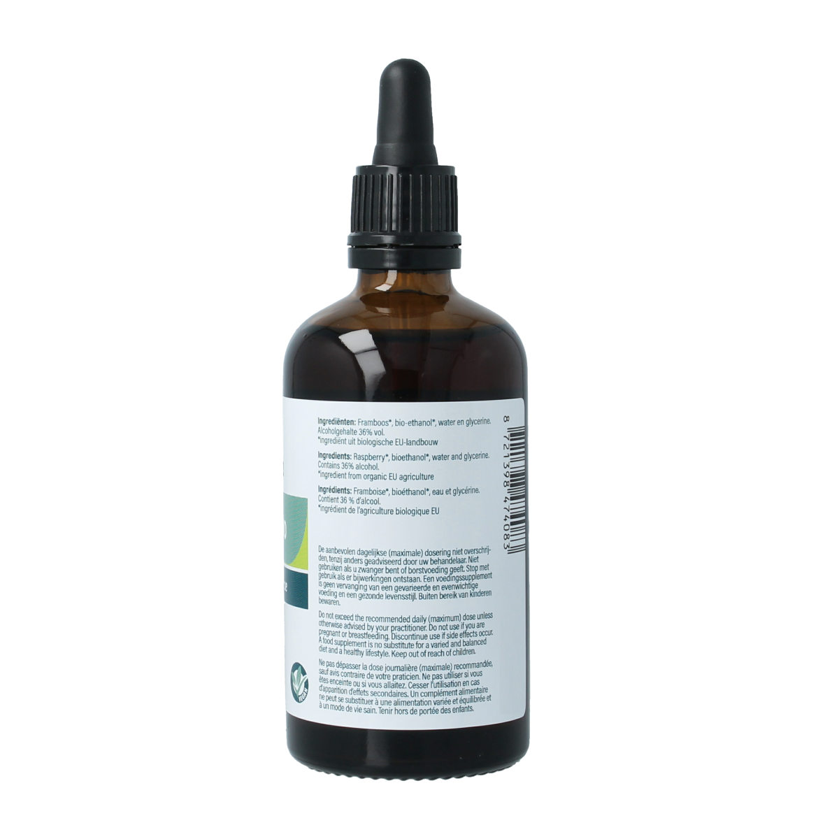Aromedica Framboos gemmo tinctuur bottle with label showing herbal preparation of Rubus idaeus, 100ml, herbal supplement product.