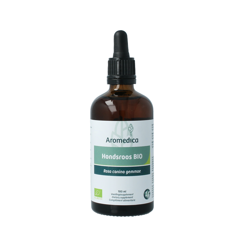 Aromedica Hondsroos gemmo tinctuur in 100ml bottle, a herbal preparation made from organic Rosa canina rosehip for wellness.