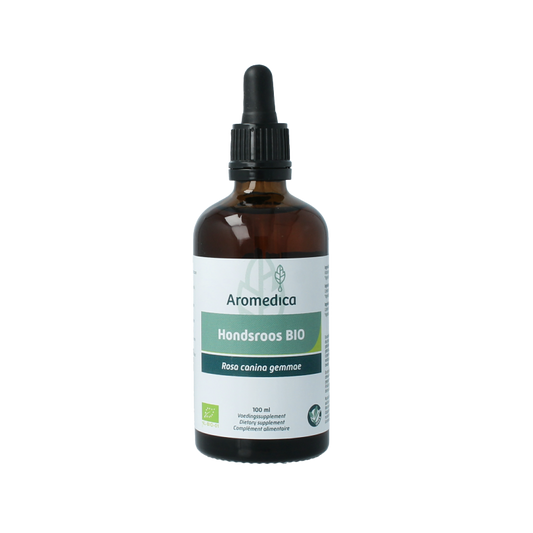 Aromedica Hondsroos gemmo tinctuur in 100ml bottle, a herbal preparation made from organic Rosa canina rosehip for wellness.