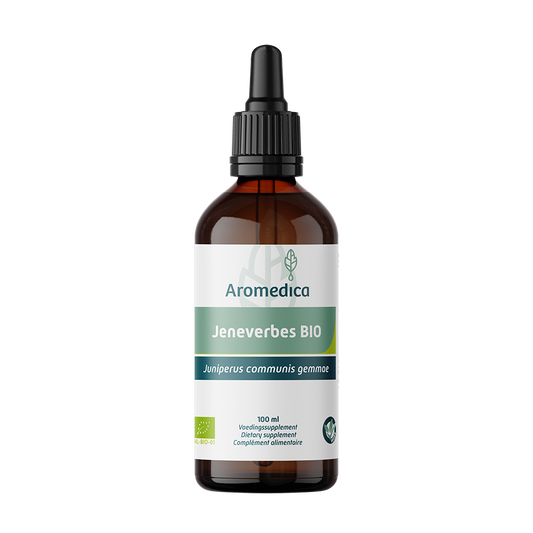 Aromedica Jeneverbes gemmo tinctuur bottle containing juniper berry herbal extract, 100ml, natural and organic herbal preparation