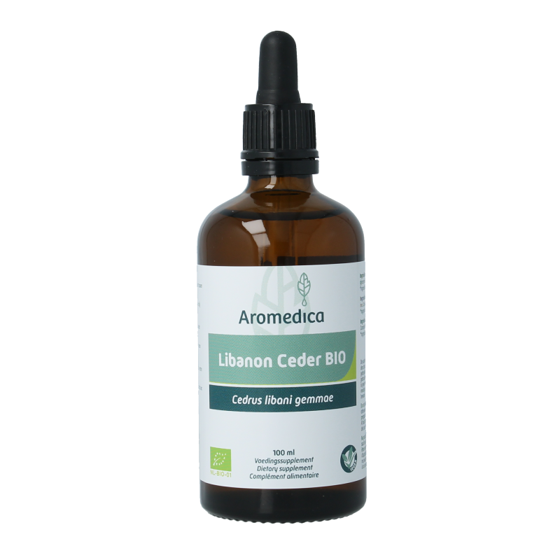 Aromedica Libanon cedar gemmo tinctuur bottle, Cedrus libani bio herbal remedy, 100ml, featuring a label with cedar tree imagery.