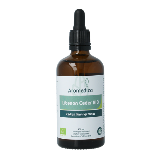 Aromedica Libanon cedar gemmo tinctuur bottle, Cedrus libani bio herbal remedy, 100ml, featuring a label with cedar tree imagery.